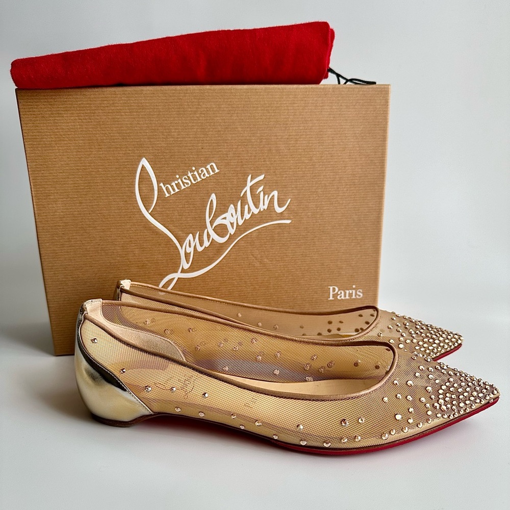 CHRISTIAN LOUBOUTIN Follies Strass Gold Crystal Pointed Toe Ballerina Flats 38 - Picture 3 of 16